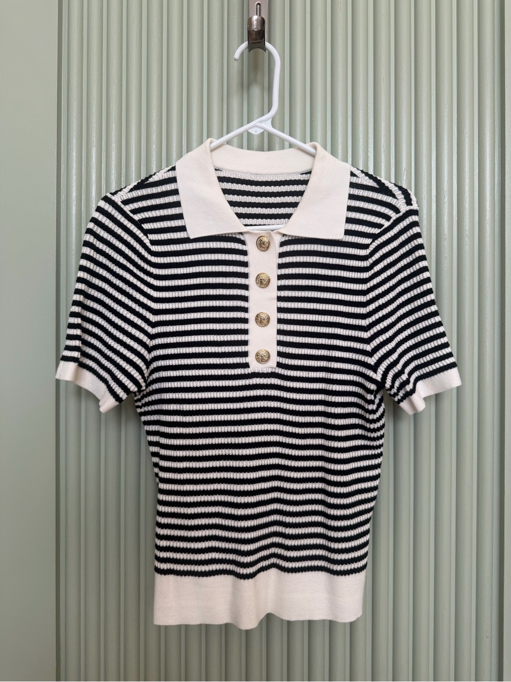 Striped Black & White Knit Polo Top